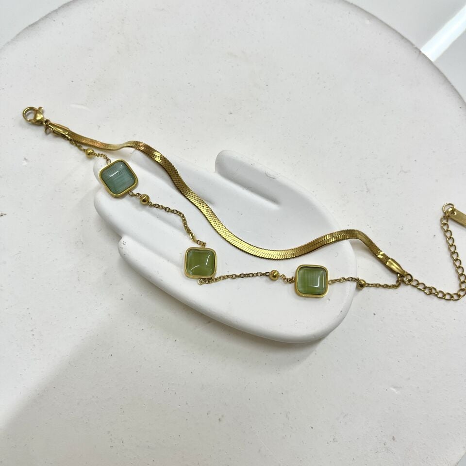 Çelik Kedi Gözü Taşı Kare Bileklik