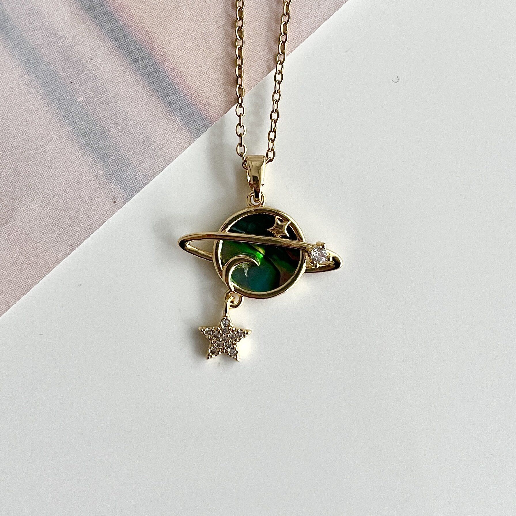 Çelik Abalone Kabuk Satürn Kolye