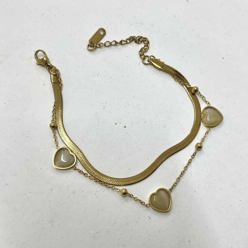 Çelik Kedi Gözü Taşı Kalp Bileklik