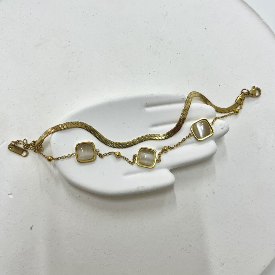 Çelik Kedi Gözü Taşı Kare Bileklik