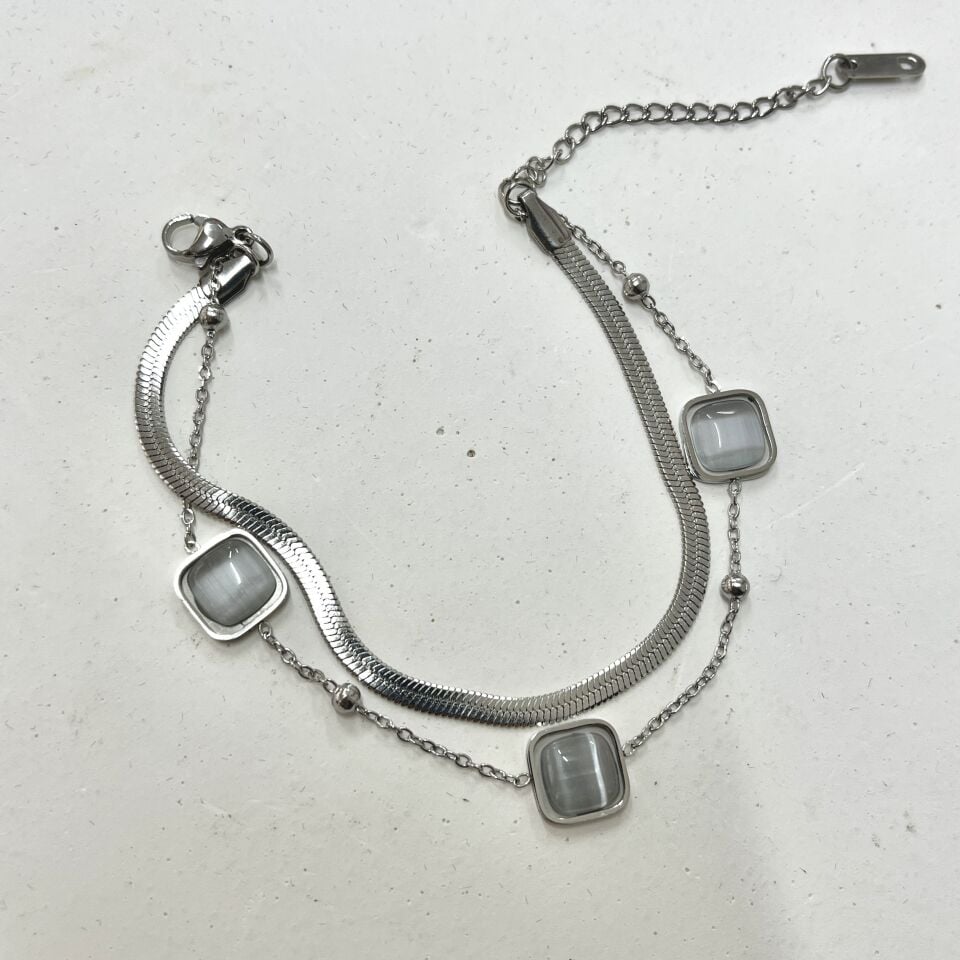 Çelik Kedi Gözü Taşı Kare Bileklik