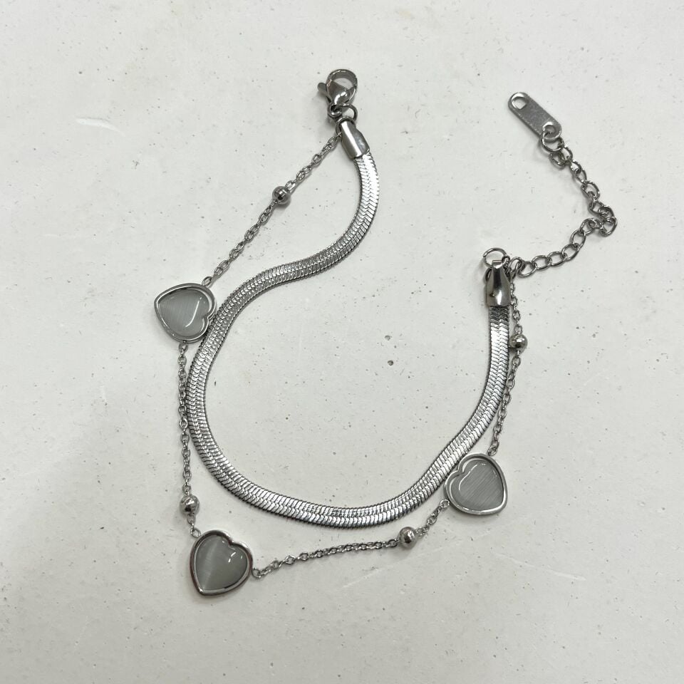 Çelik Kedi Gözü Taşı Kalp Bileklik