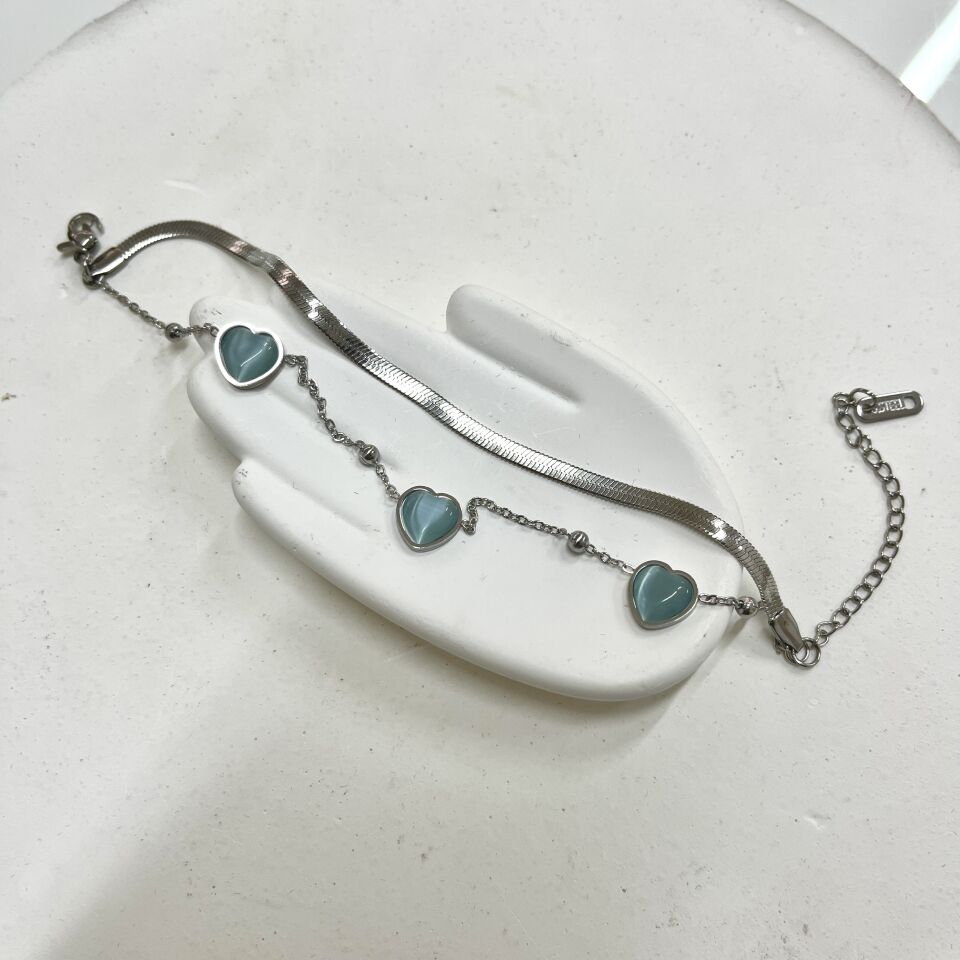 Çelik Kedi Gözü Taşı Kalp Bileklik