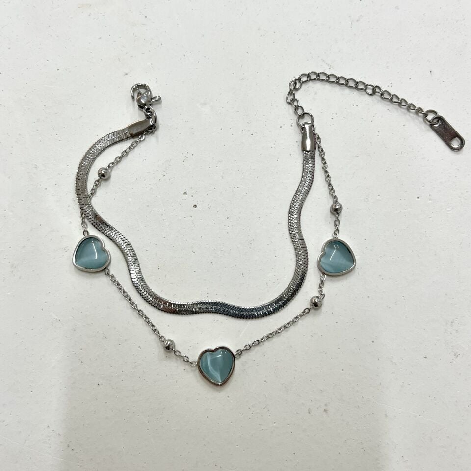 Çelik Kedi Gözü Taşı Kalp Bileklik