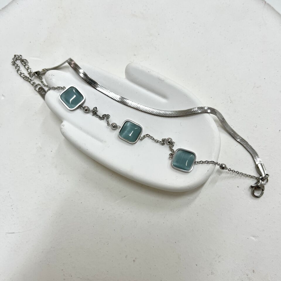 Çelik Kedi Gözü Taşı Kare Bileklik