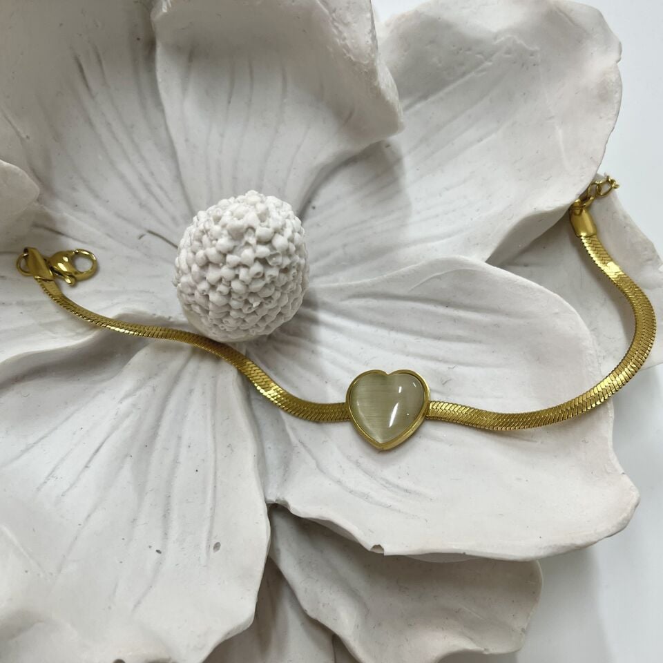 Çelik Kedi Gözü Taşı Kalp Bileklik