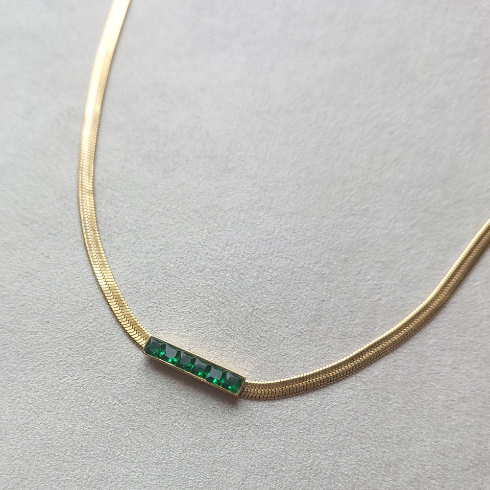 Çelik Zirkon Taşlı Yeşil İtalyan Kolye