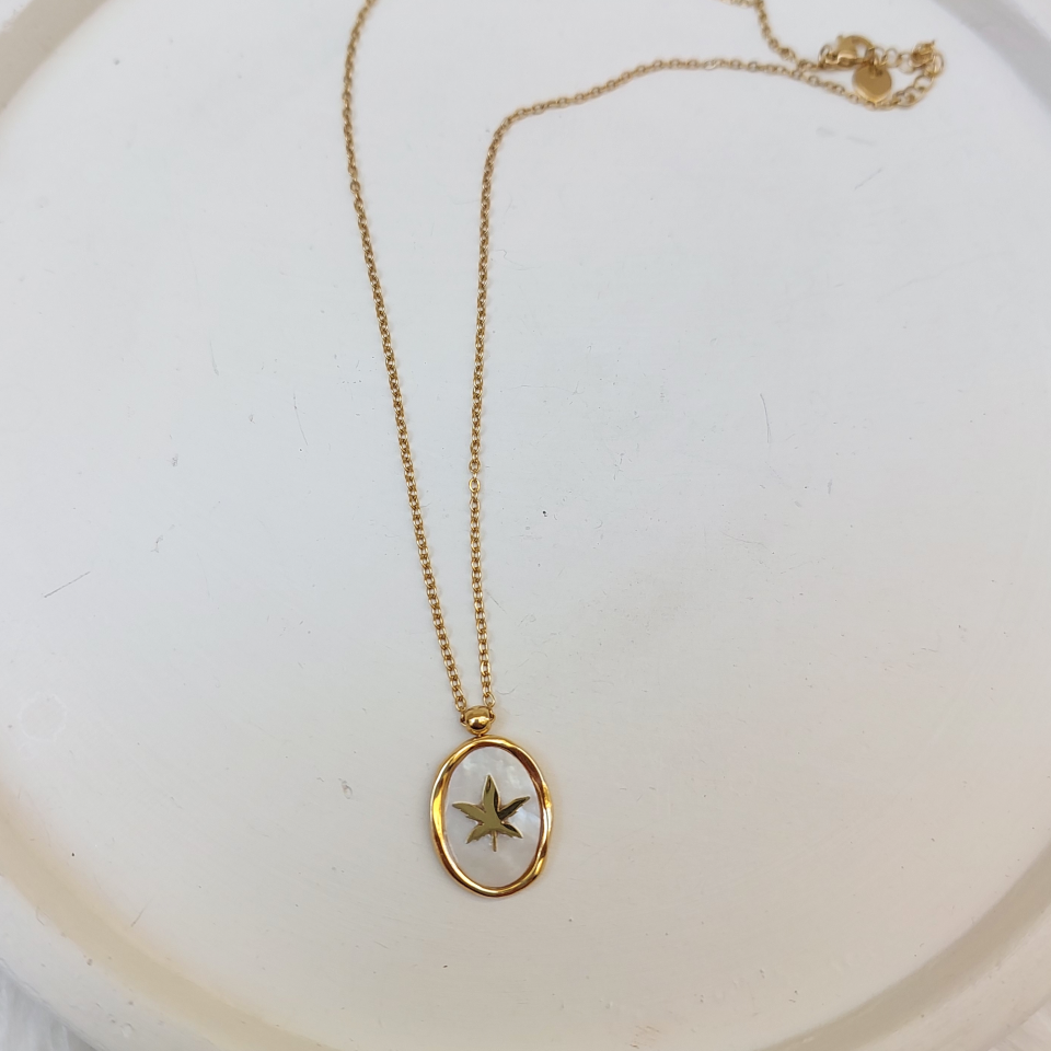 Çelik Sedef Taşı Yaprak Kolye