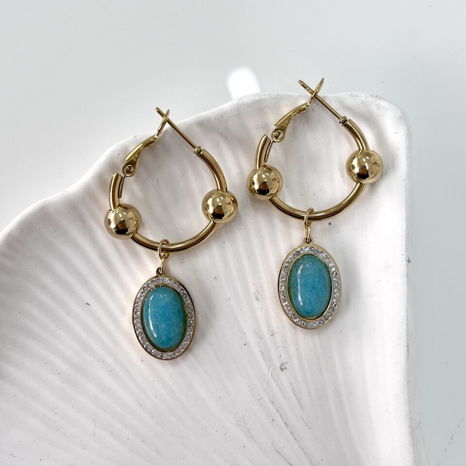 Çelik Mavi Taşlı Halka Küpe