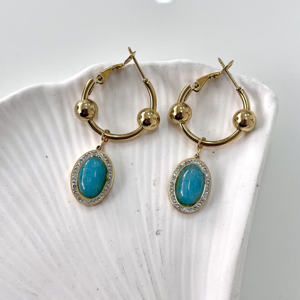 Çelik Mavi Taşlı Halka Küpe