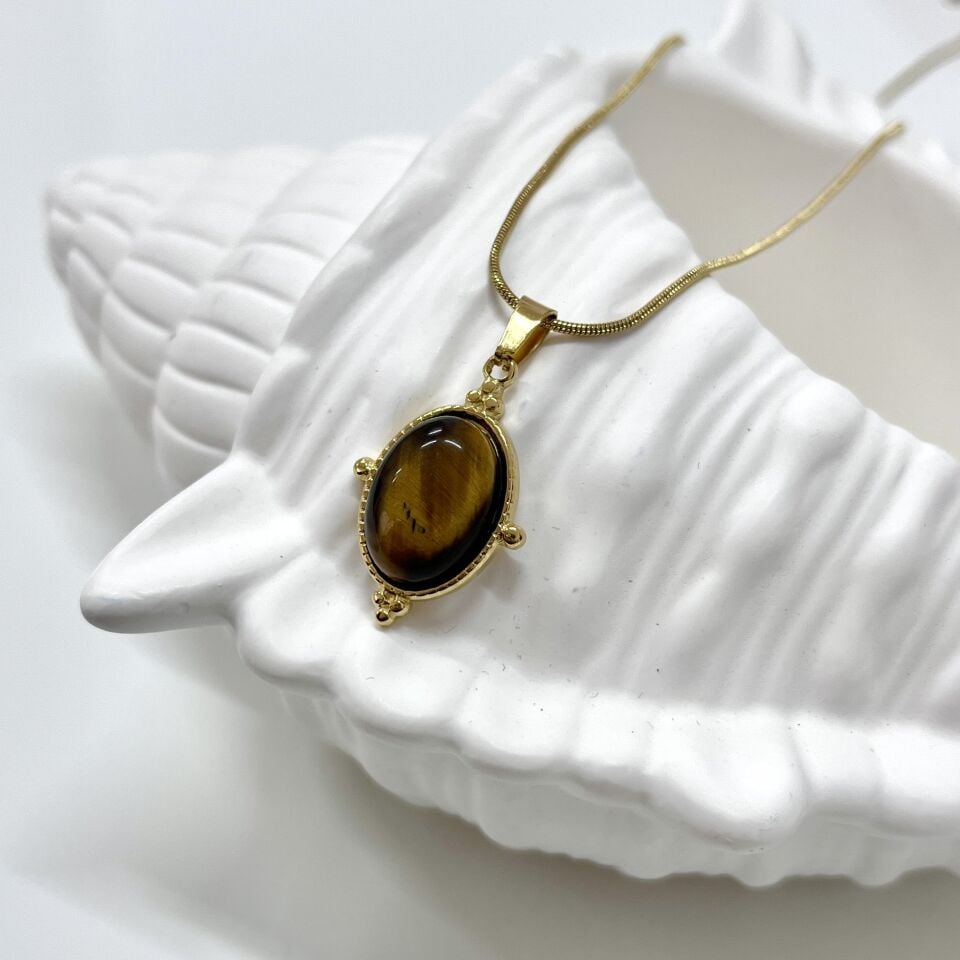 Çelik Kaplan Gözü Taşı Kolye