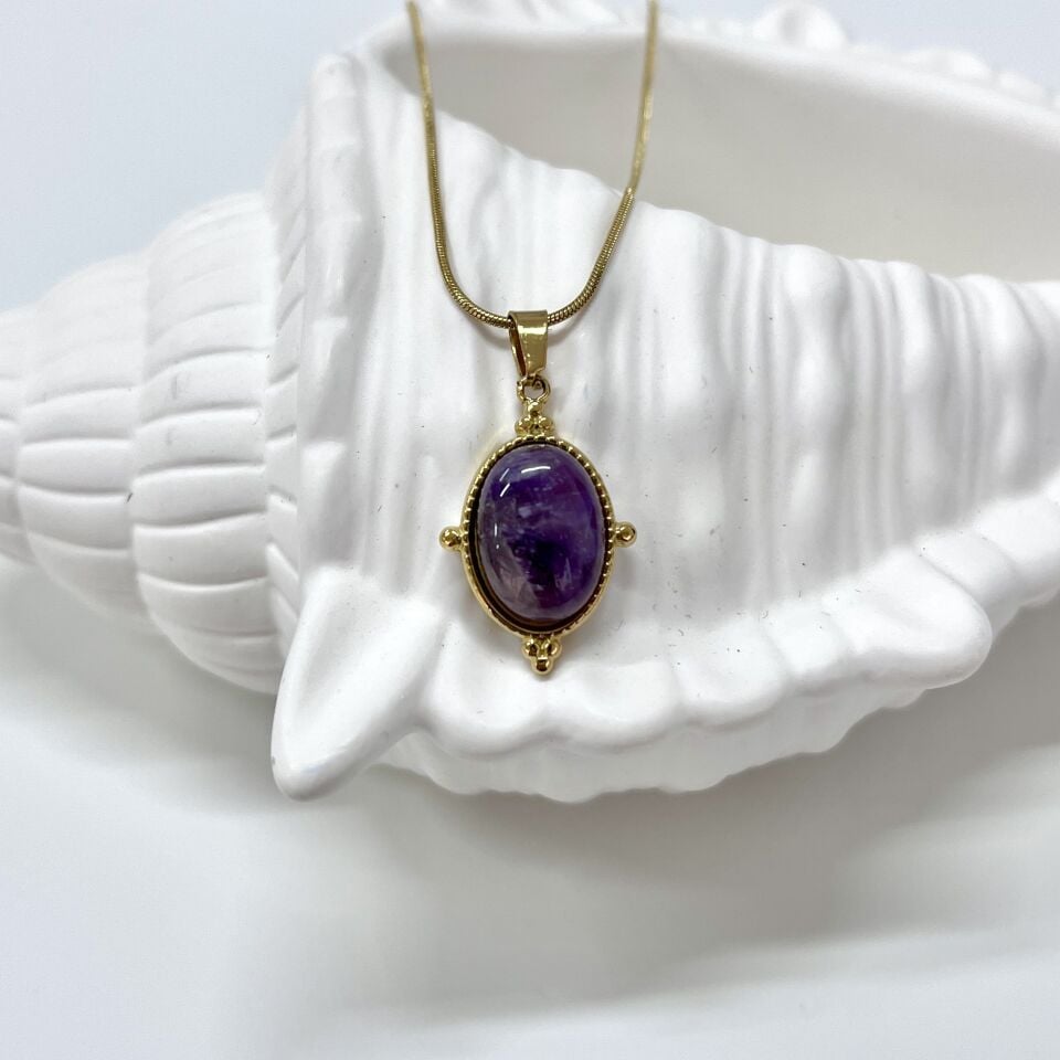 Çelik Ametist Taşı Kolye