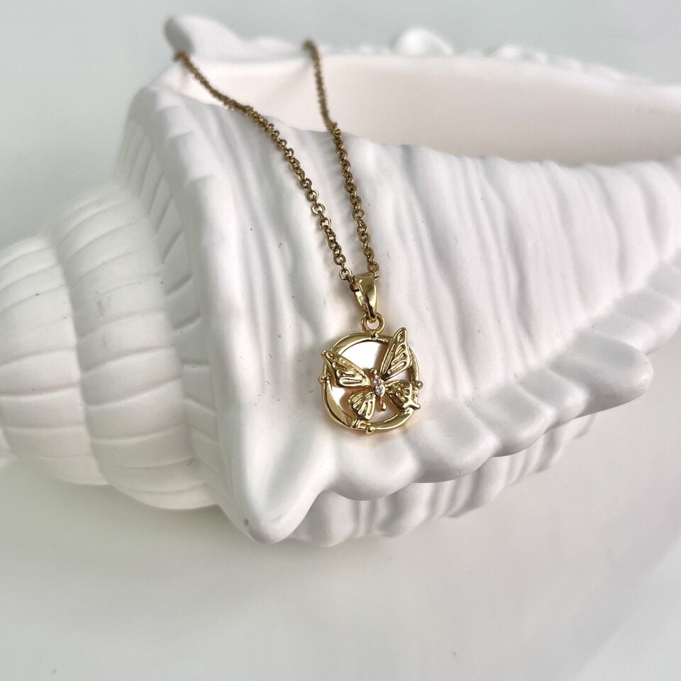 Çelik Sedef Taşı Kelebek Kolye