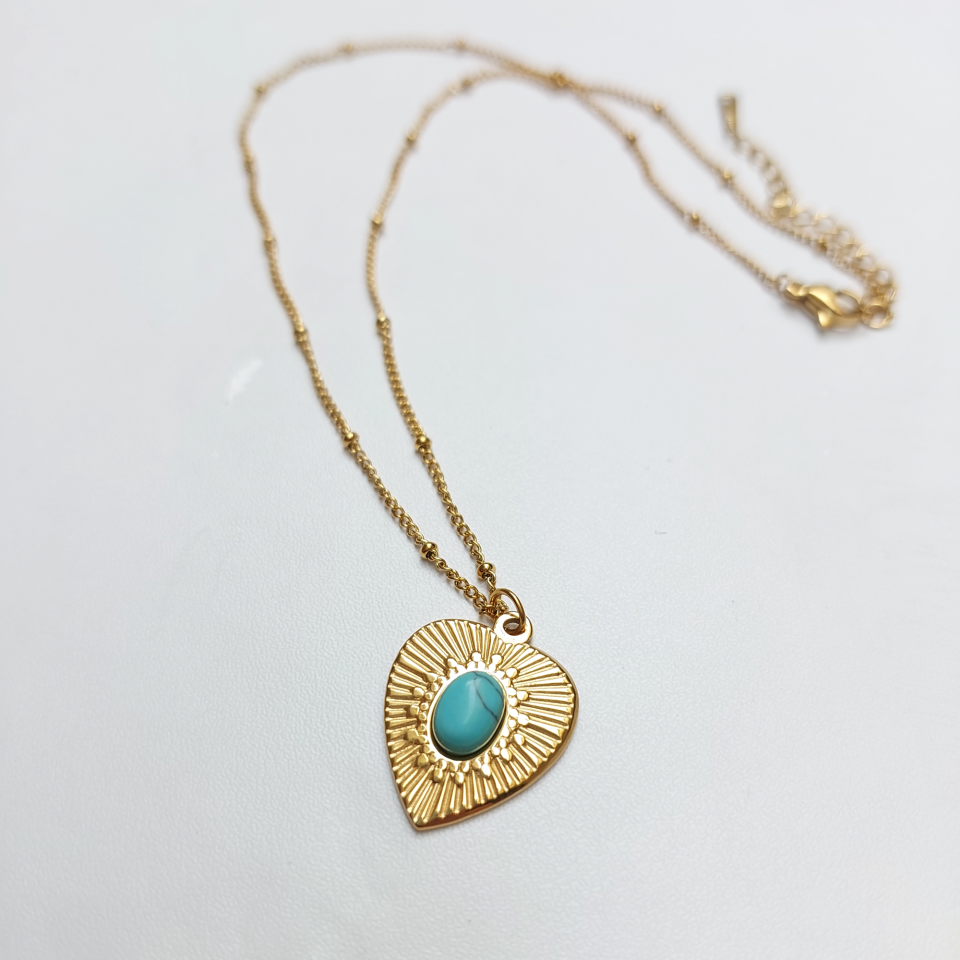 Çelik Turkuaz Taşlı Kalp Kolye
