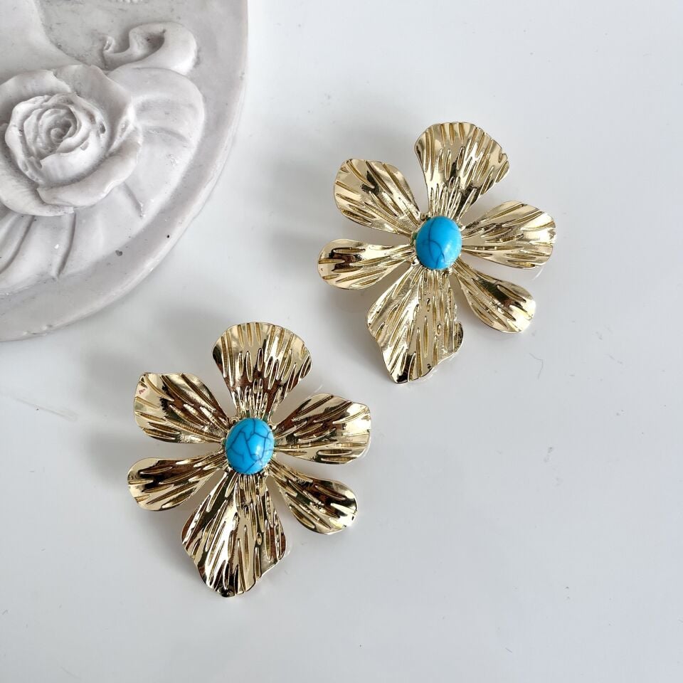 Turkuaz Taşlı Çiçek Küpe