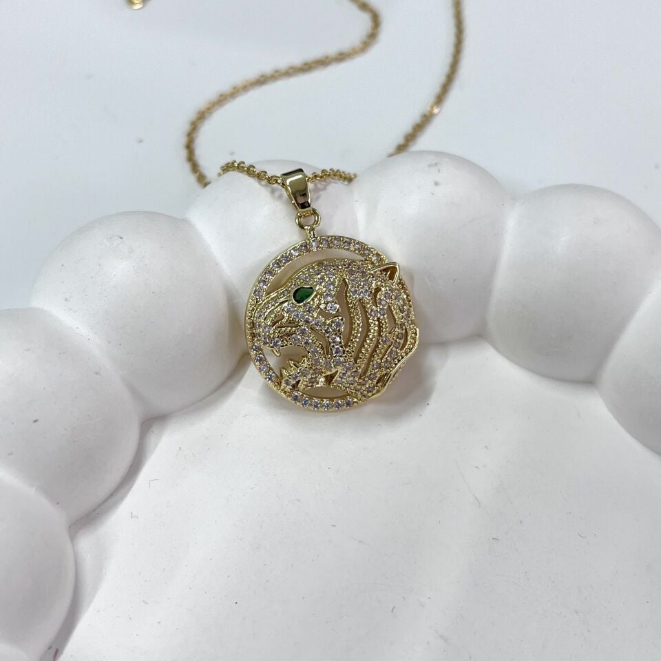 Çelik Yeşil Gözlü Leopar Kolye