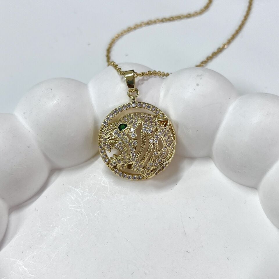 Çelik Yeşil Gözlü Leopar Kolye