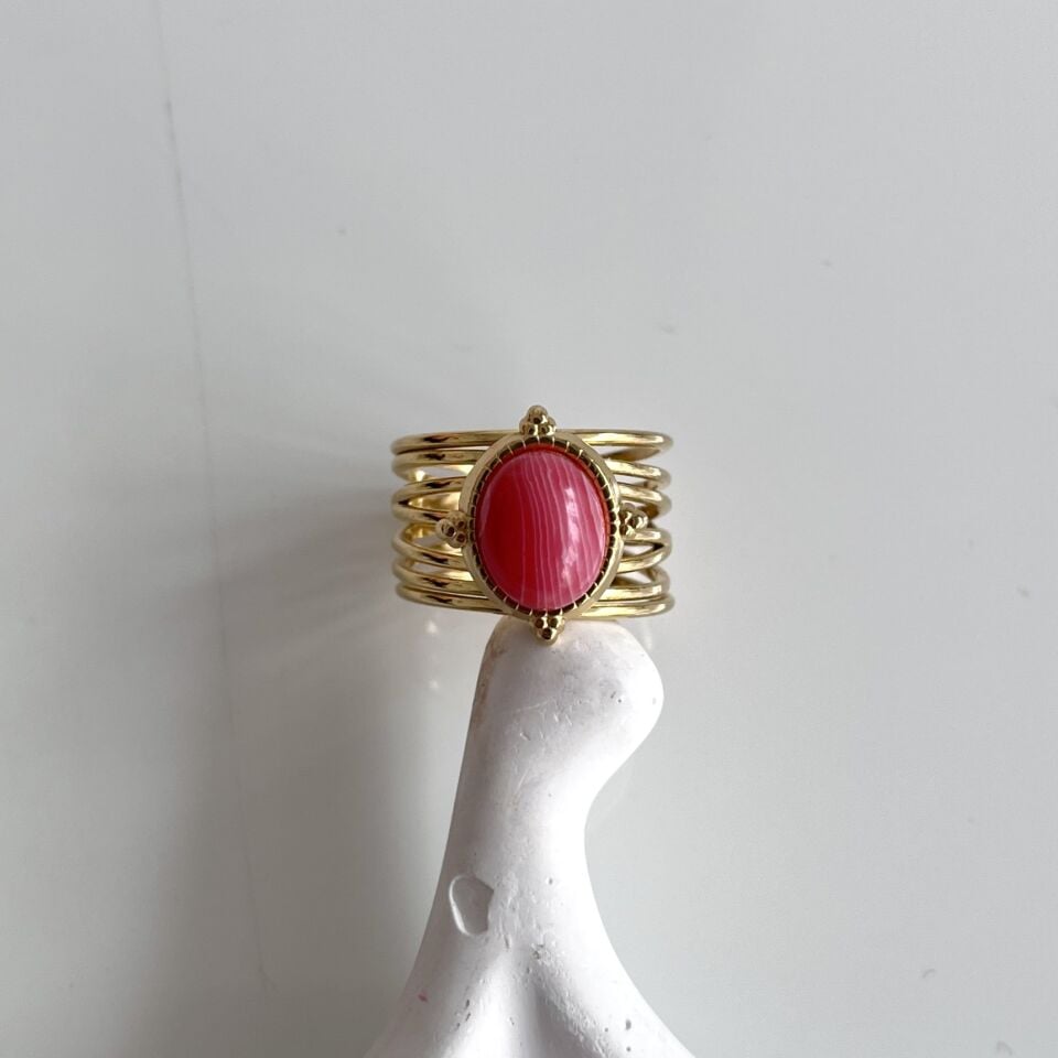 Çelik Pembe Taşlı Yüzük