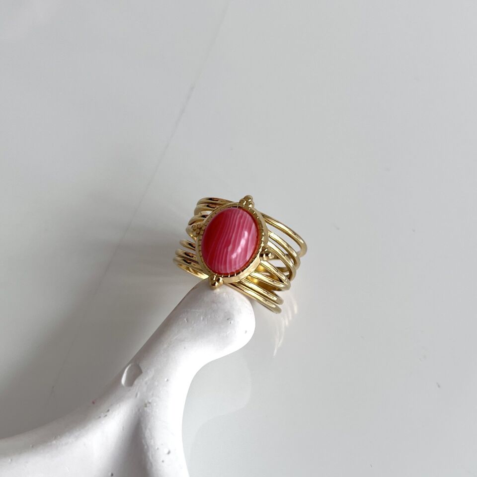 Çelik Pembe Taşlı Yüzük