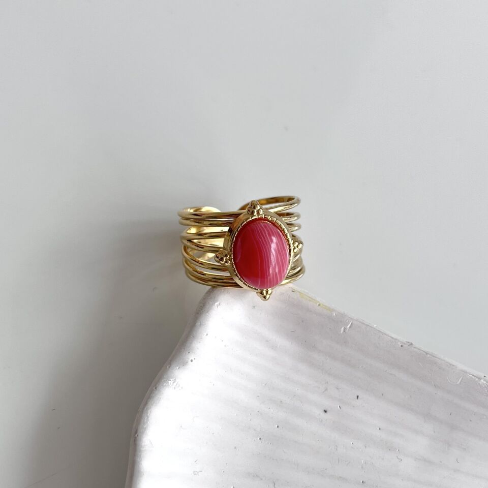 Çelik Pembe Taşlı Yüzük