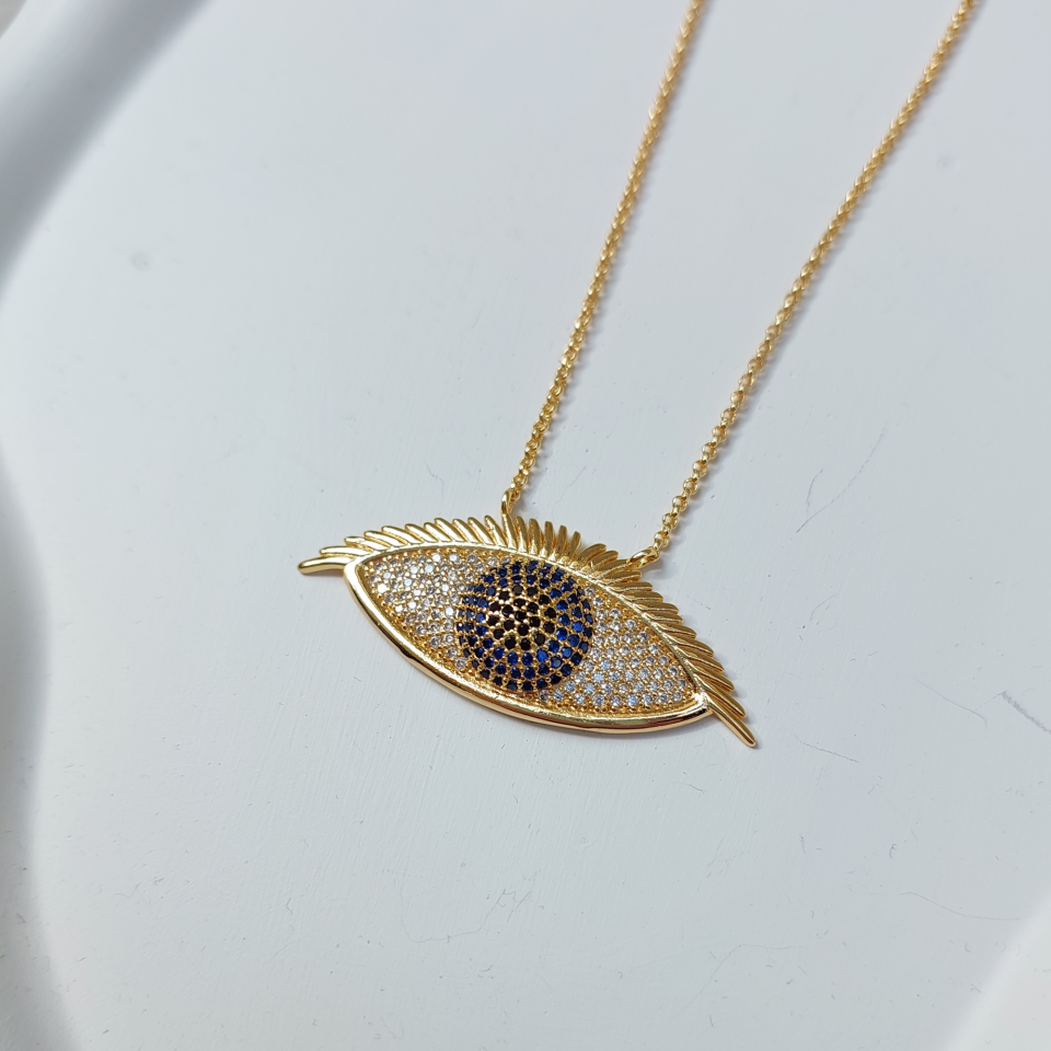 Zirkon Taş Kaplı Mavi Göz Kolye