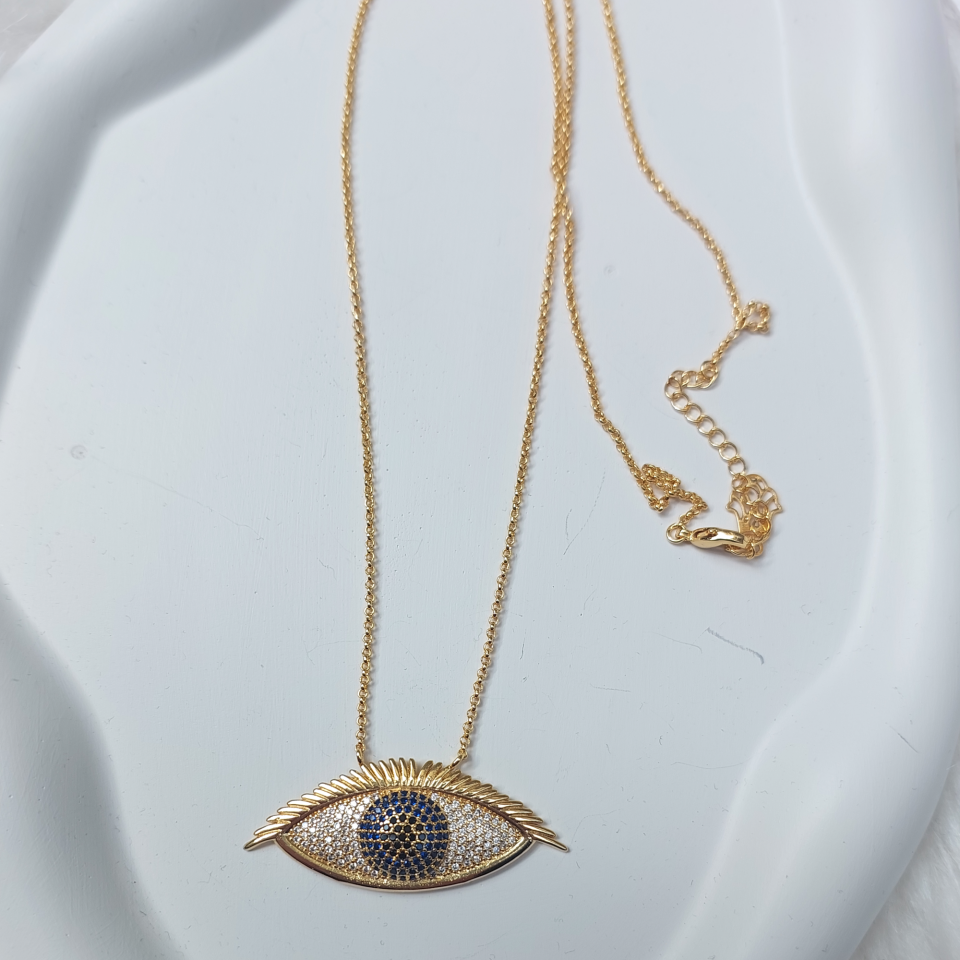 Zirkon Taş Kaplı Mavi Göz Kolye