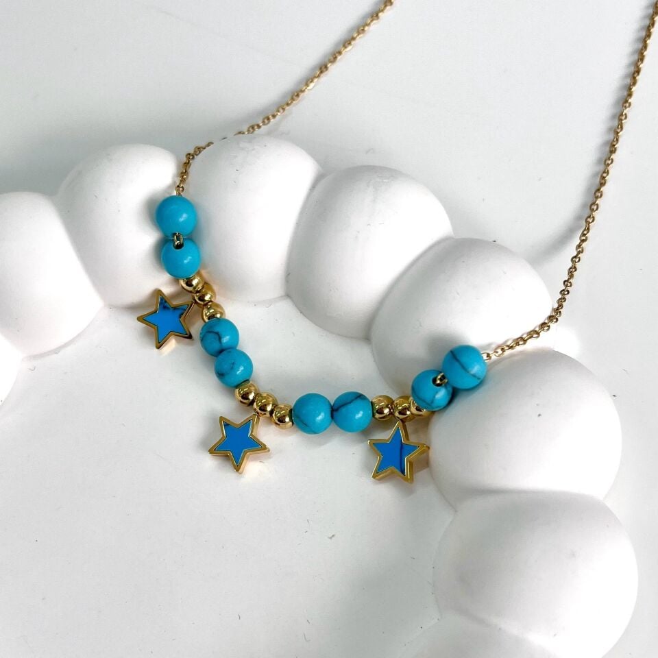 Çelik Turkuaz Taşı Yıldız Kolye