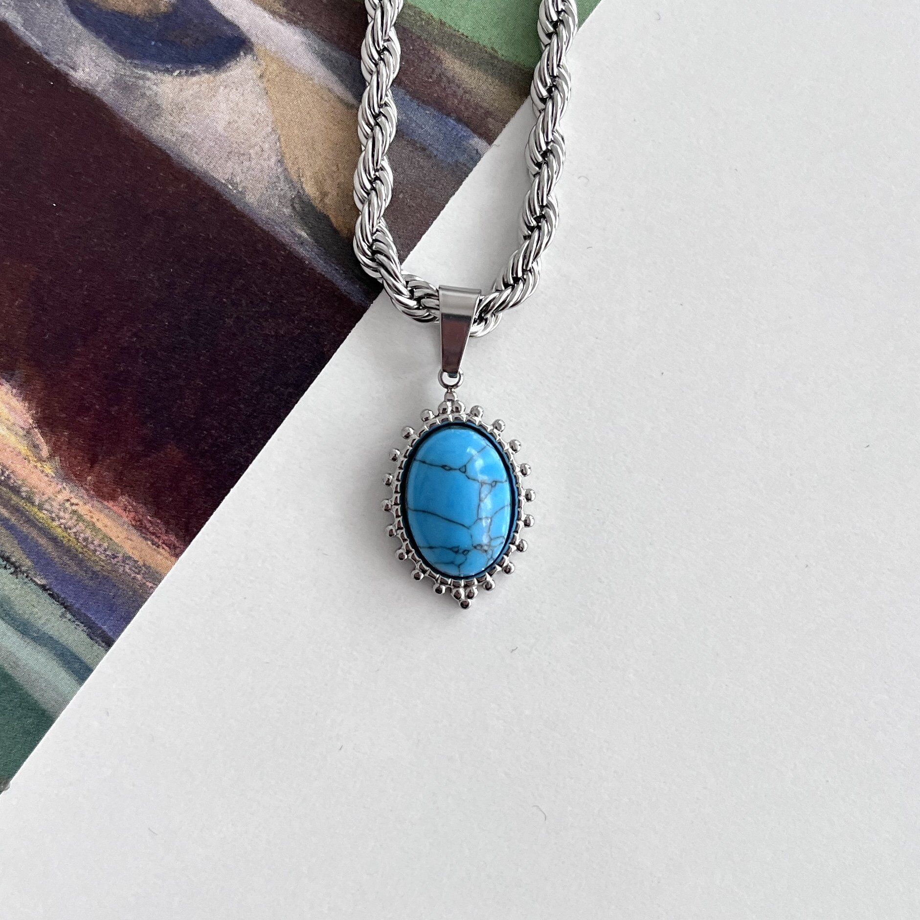 Çelik Turkuaz Taşı Kolye (Uzun Boy)