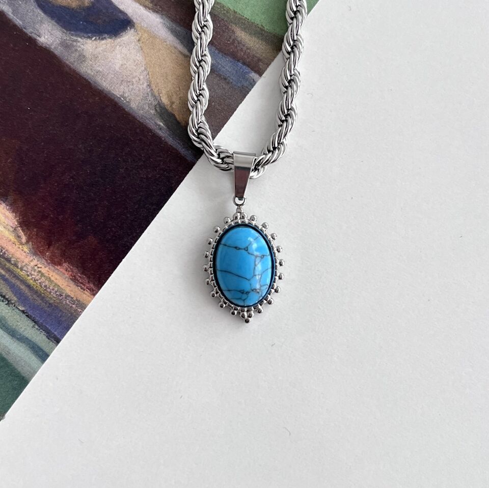 Çelik Turkuaz Taşı Kolye (Uzun Boy)