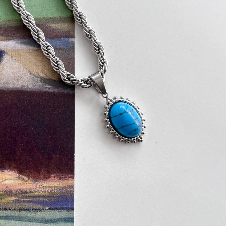 Çelik Turkuaz Taşı Kolye (Uzun Boy)