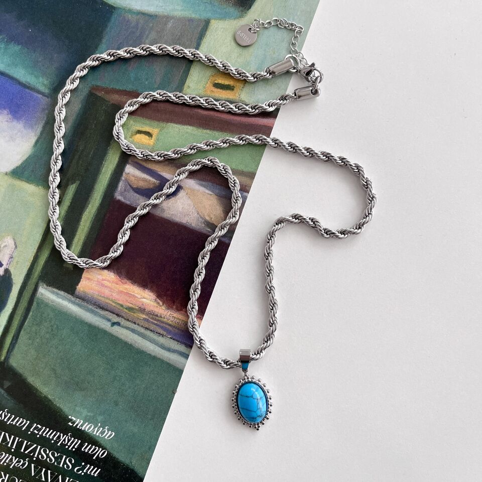 Çelik Turkuaz Taşı Kolye (Uzun Boy)