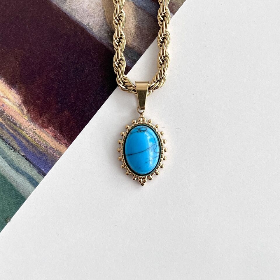 Çelik Turkuaz Taşı Kolye (Uzun Boy)