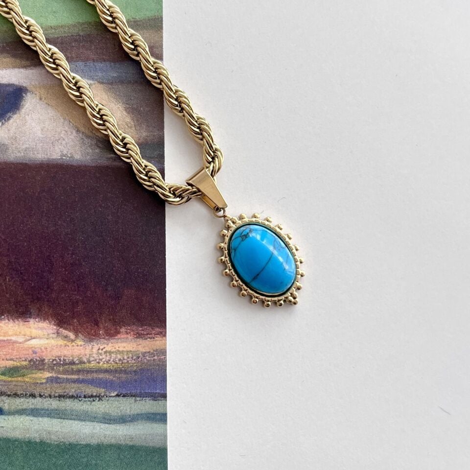 Çelik Turkuaz Taşı Kolye (Uzun Boy)