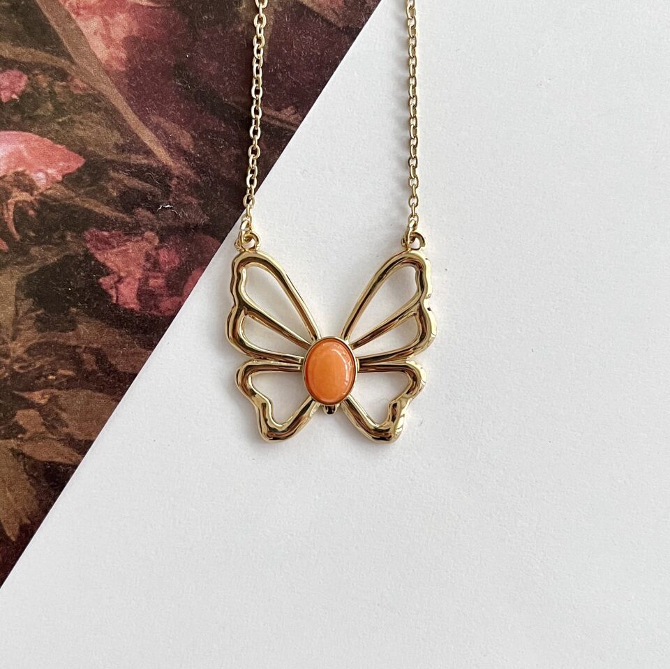 Çelik Turuncu Kelebek Kolye