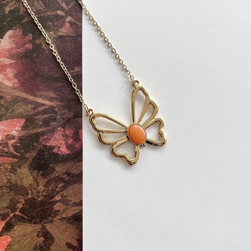 Çelik Turuncu Kelebek Kolye