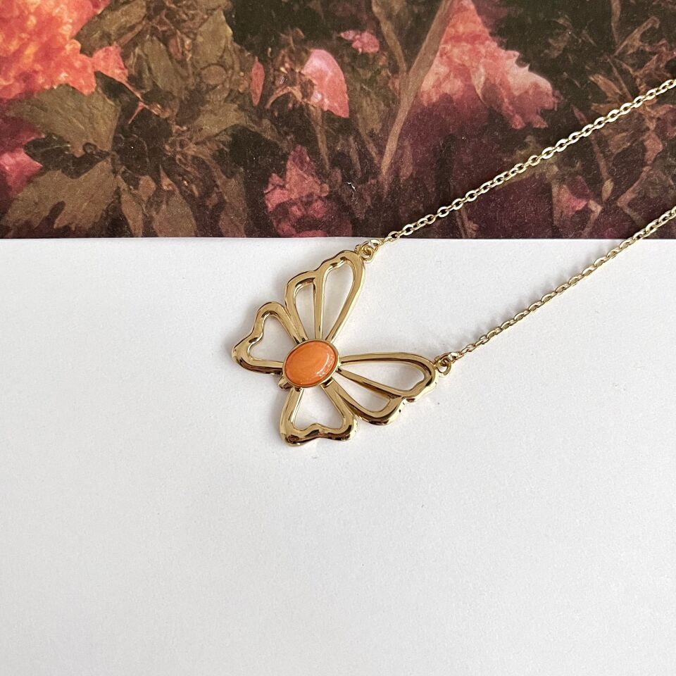 Çelik Turuncu Kelebek Kolye