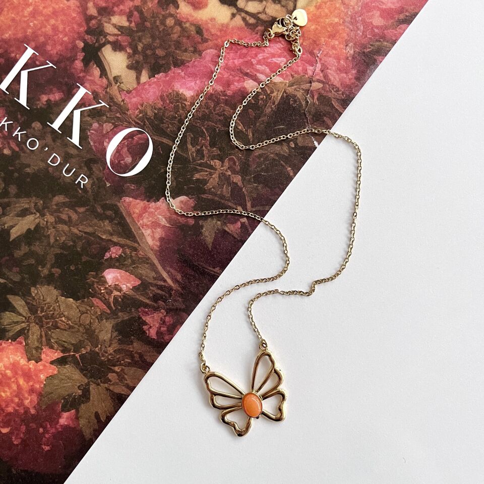 Çelik Turuncu Kelebek Kolye