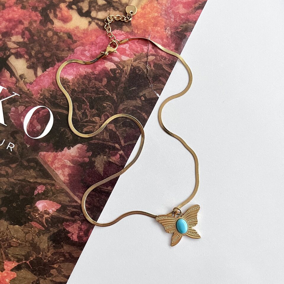 Çelik Turkuaz Taşı Kelebek Kolye