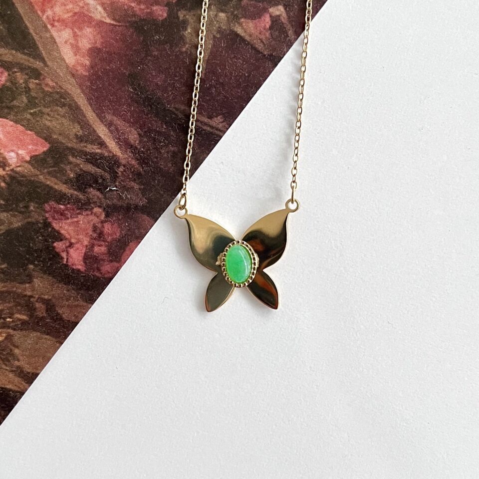Çelik Yeşil Taşlı Kelebek Kolye