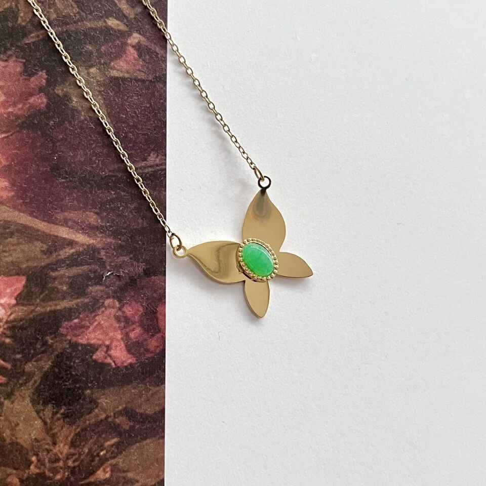 Çelik Yeşil Taşlı Kelebek Kolye