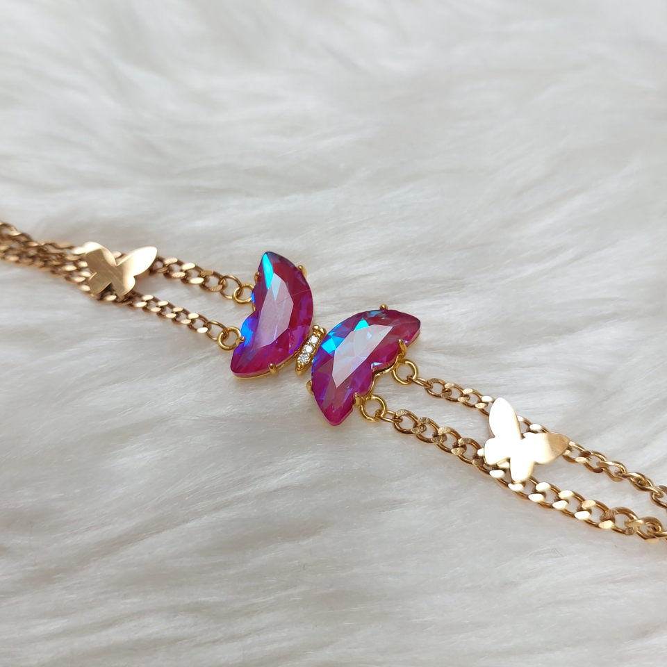 Çelik Alacalı Mor Kristal Kelebek Bileklik