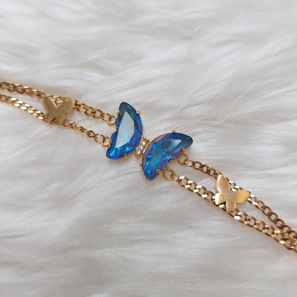 Çelik Mavi Kristal Kelebek Bileklik