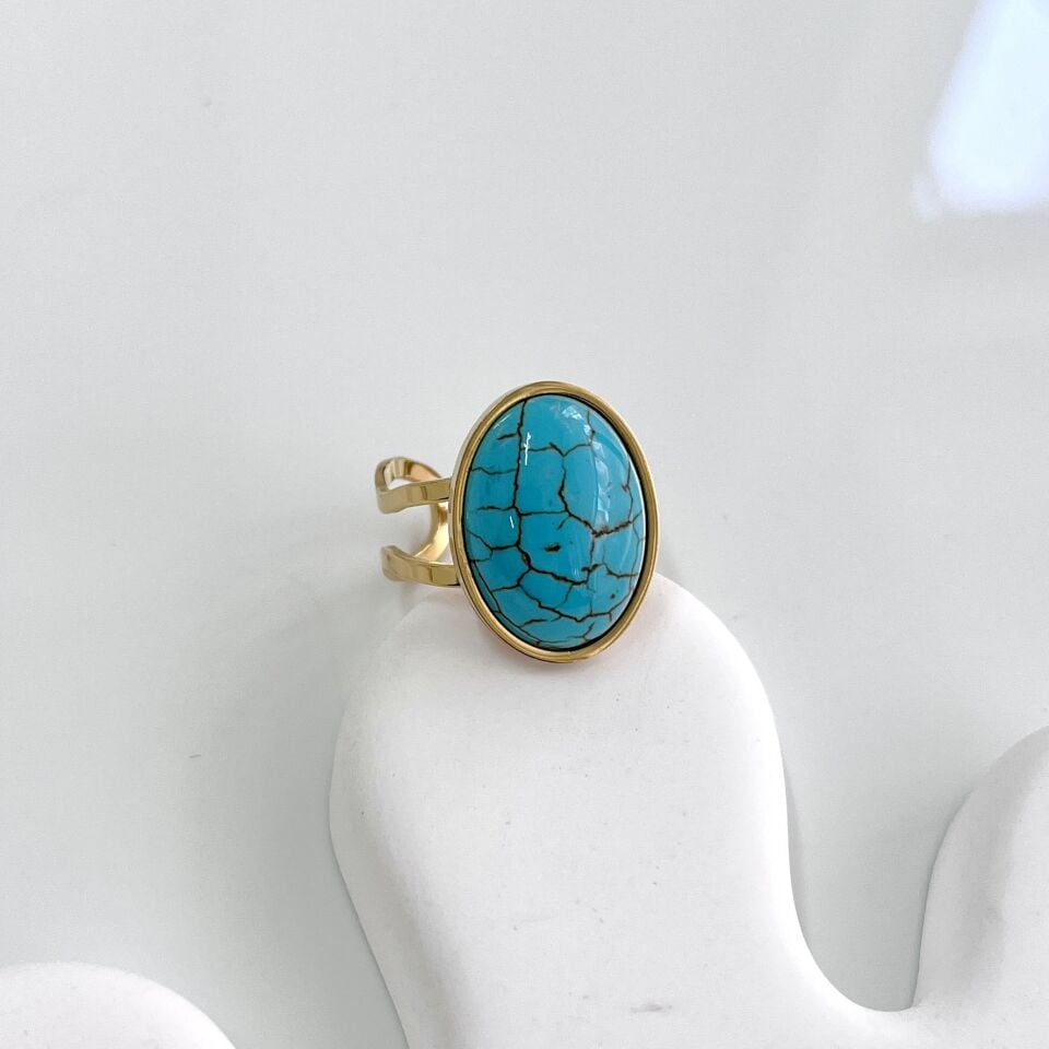 Çelik Turkuaz Taşı Oval Yüzük