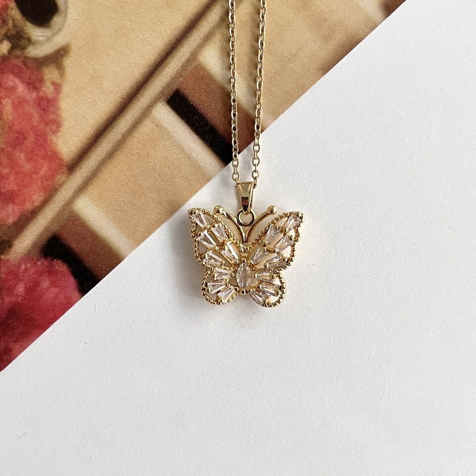 Çelik Baget Taş Kelebek Kolye