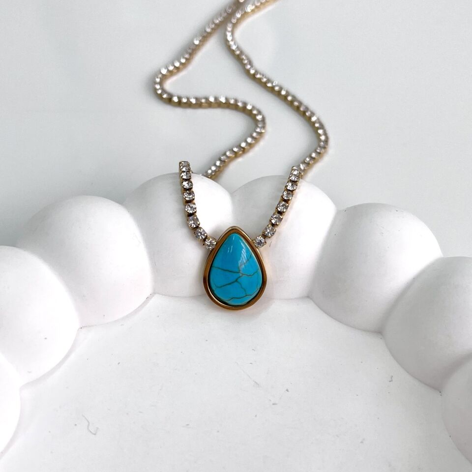 Çelik Turkuaz Taşı Su Yolu Kolye