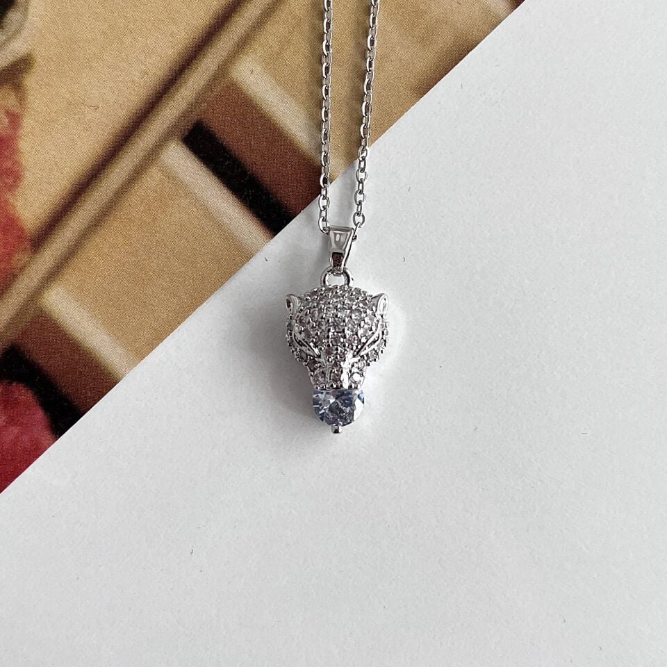 Çelik Zirkon Taş Kaplan Kolye