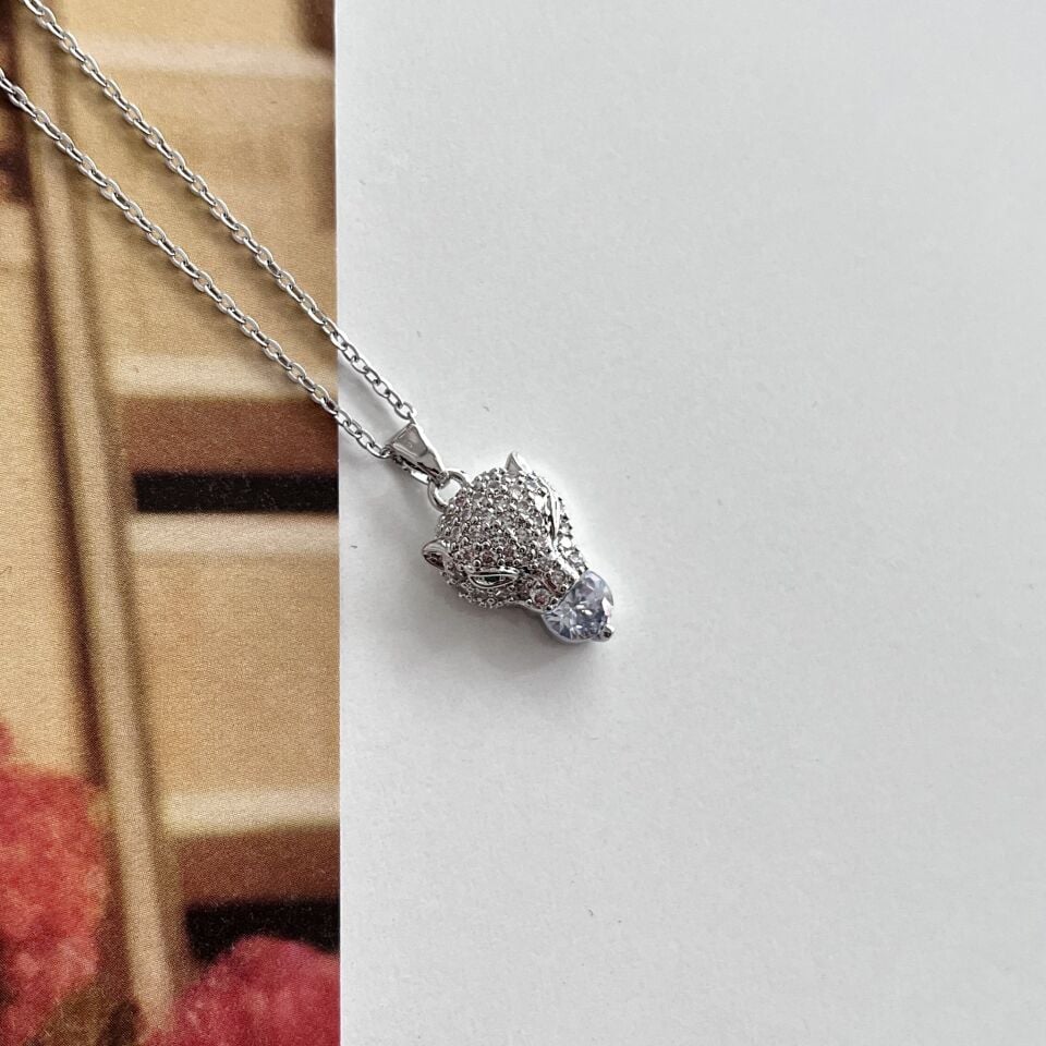 Çelik Zirkon Taş Kaplan Kolye