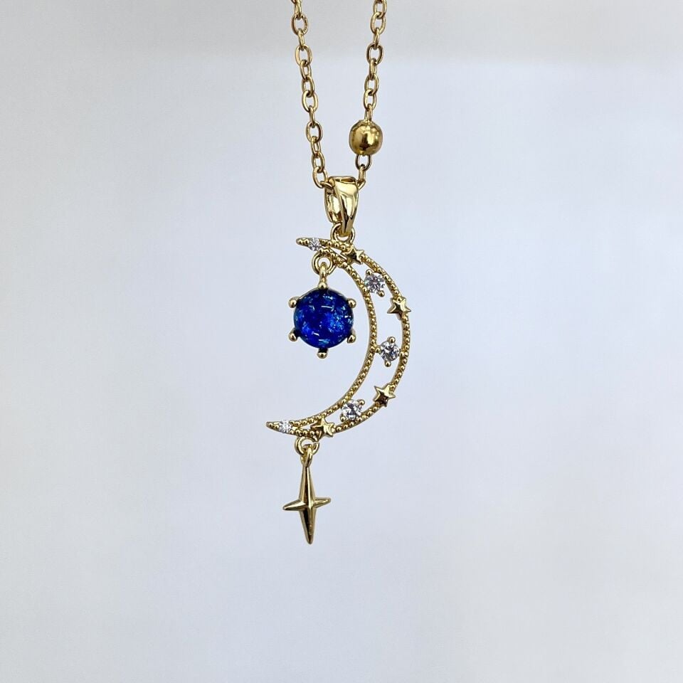 Çelik Zirkon Taşlı Ay Kolye