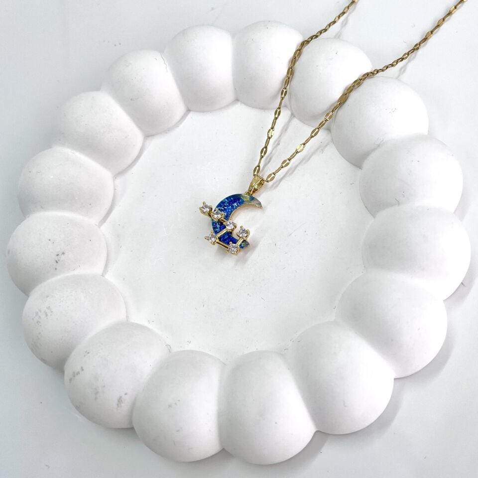Çelik Zirkon Taşlı Ay Kolye