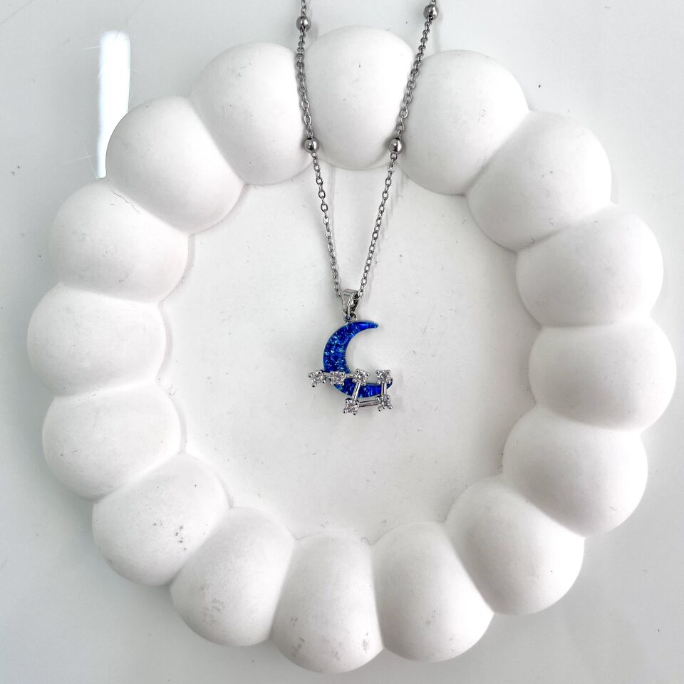 Çelik Zirkon Taşlı Ay Kolye